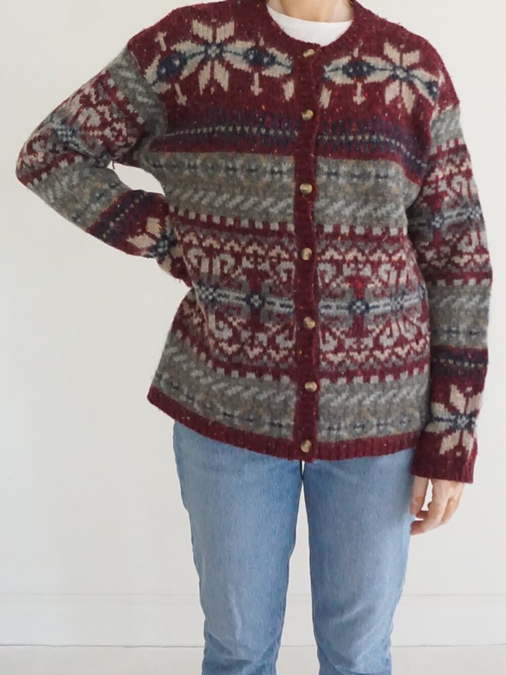 Vintage American Eagle Outfitters Burgundy Fair Isle Snowflake Wool Cardigan L